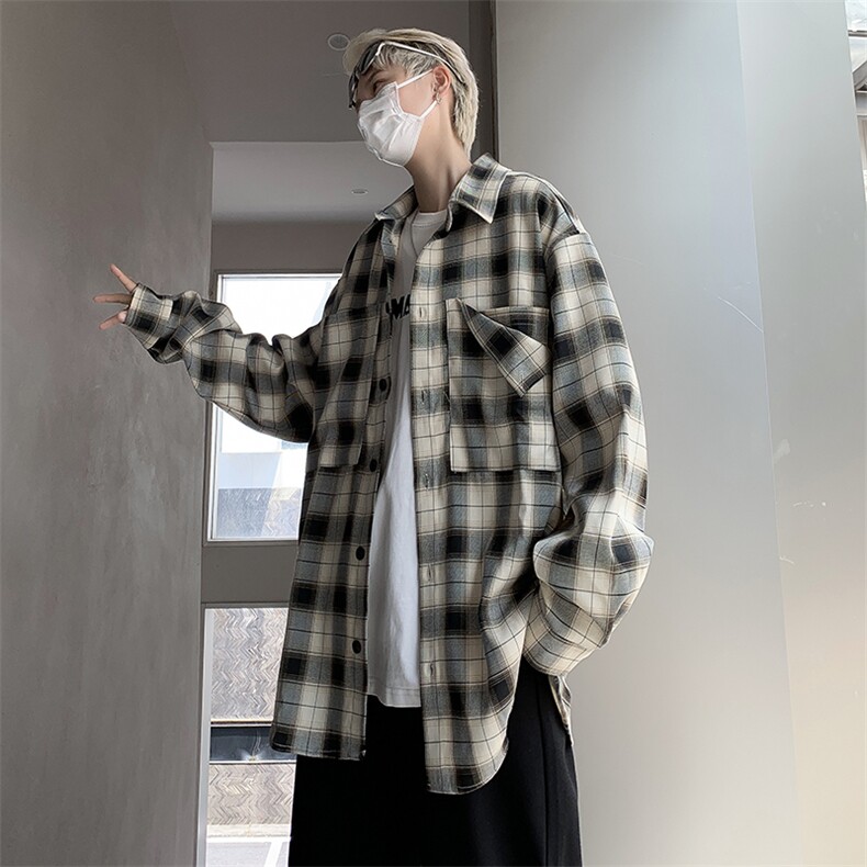 港风秋款男长袖衬衫棋盘格子条纹可翻大口袋纯棉外套CS23P40,男装衬衫,星座1013-1