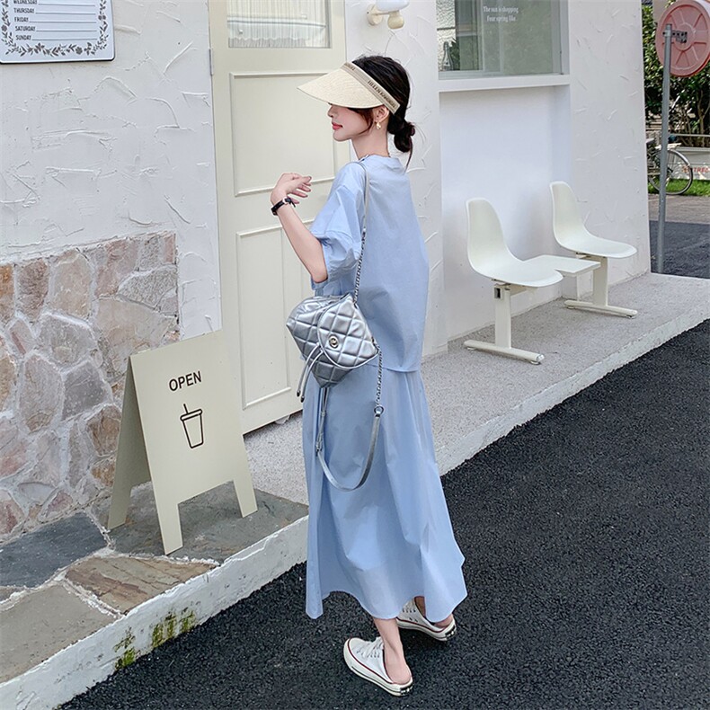 温柔穿搭时尚蓝色衬衫薄款套装长裙女夏新款洋气别致半身裙两件套,女装套装/套裙,2C176