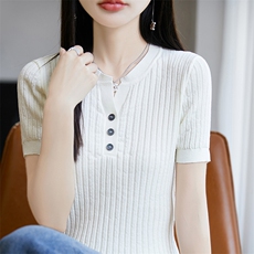 半开V领显瘦短袖t恤女夏2025新款打底衫洋气大码女装针织上衣，女装T恤，皓宇羊绒