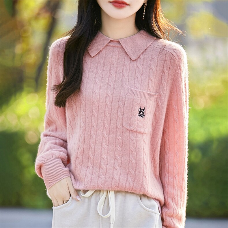 秋冬翻领刺绣扭花羊毛衫女针织打底衫套头长袖毛衣宽松Polo领加厚,女装羊毛衫,暖烁羊绒