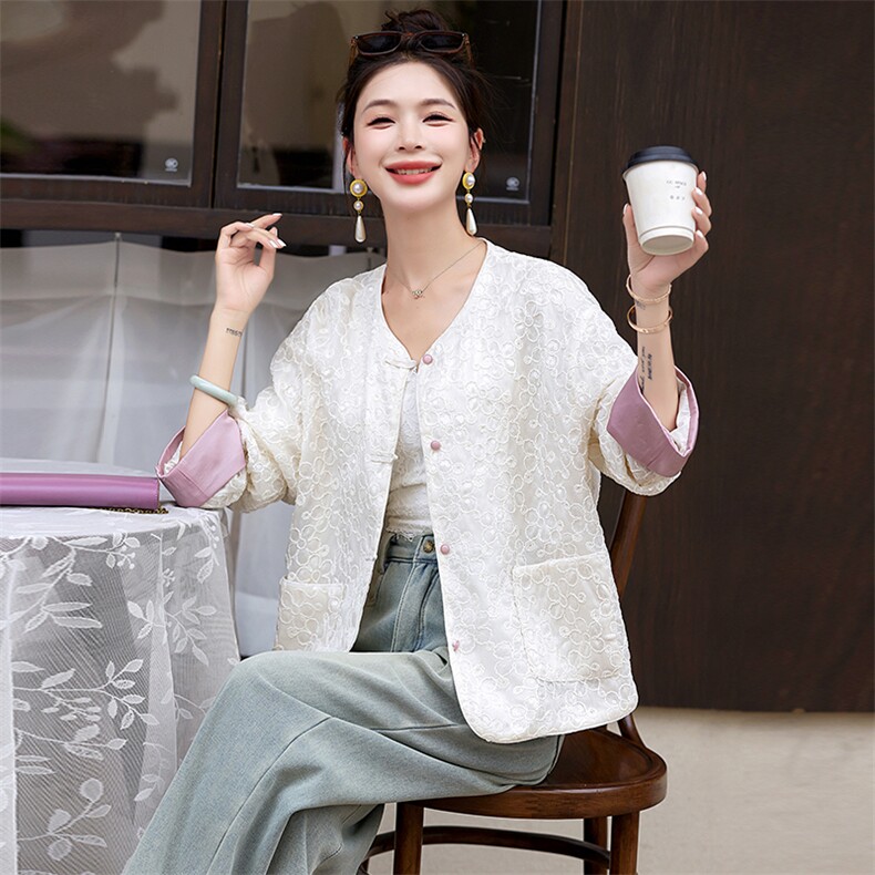 新中式国风提花盘扣外套女2024春季新款高级感圆领刺绣小香风上衣,女装短外套,木橙西子