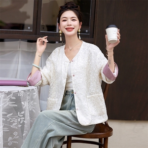 新中式国风提花盘扣外套女2024春季新款高级感圆领刺绣小香风上衣图片