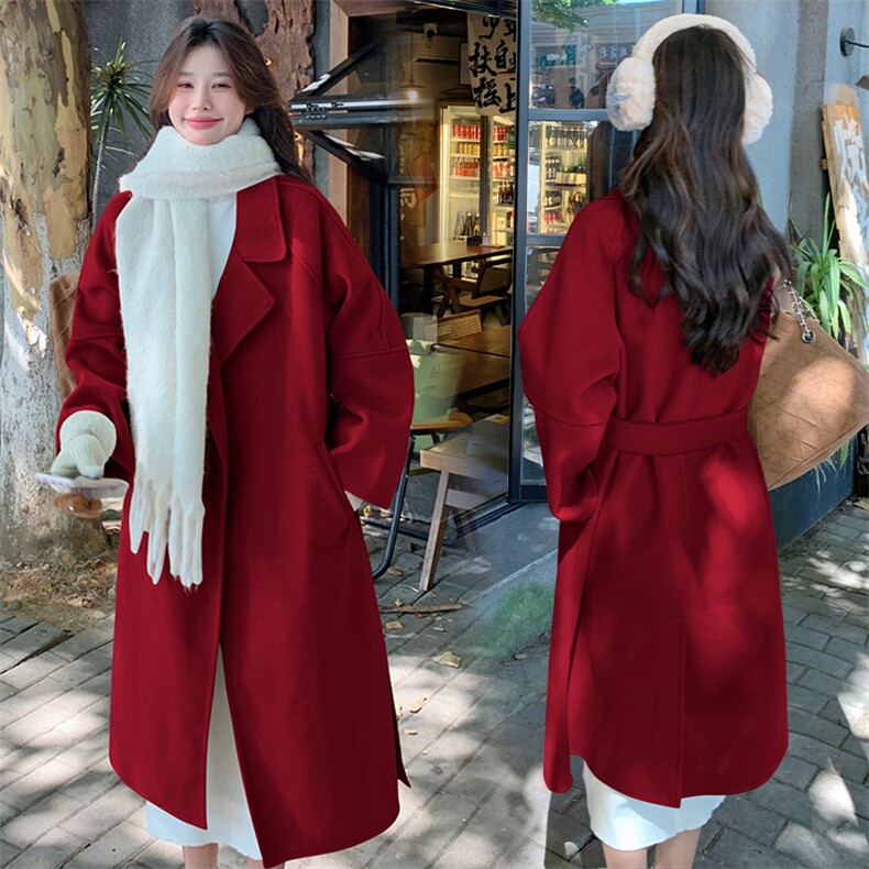 红色双面羊毛呢大衣女过年战袍2025冬季新款宽松毛呢外套p140k218，女装毛呢外套，浙宝318