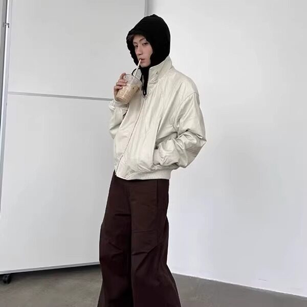 秋冬季解构立领设计皮夹夹棉加厚保暖克男复古设计高级感外套短款,男装棉衣,星座506A