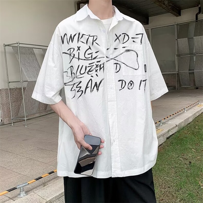 衬衫男韩版潮流短袖涂鸦帅气2026夏季新款ins宽松外套CY294-P38,男装T恤,星座412
