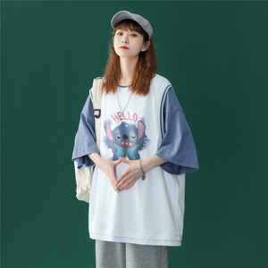 中性风 潮流卡通印花情侣装假两件短袖T恤五分袖班服 T602P40控58图片