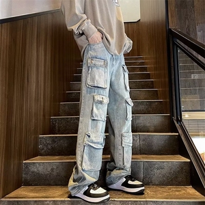 复古牛仔裤男潮牌阔腿裤宽松直筒裤美式高街百搭休闲长裤裤子图片