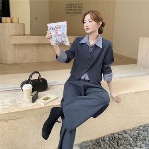 撞色拼接假两件衬衫套装女新款时尚休闲两件套C252-2701P185K298图片