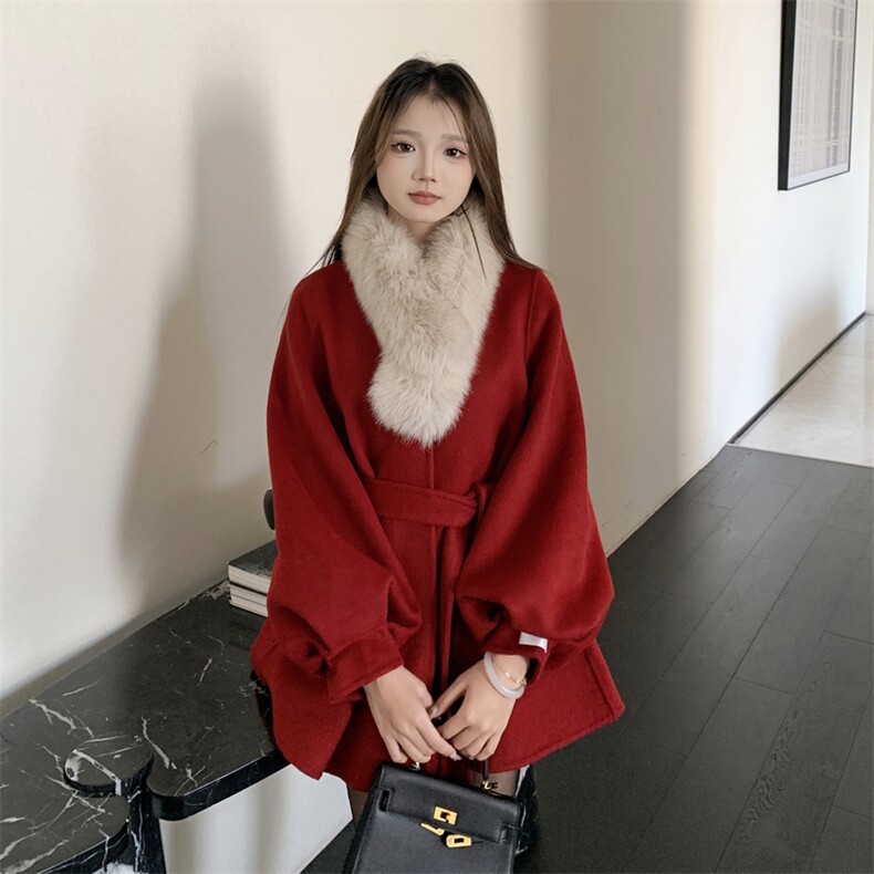 现货新款圣诞款2176-P350-K520双面羊绒大衣配围脖,女装双面呢大衣,韩然一族
