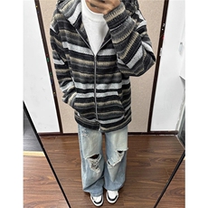 棕色撞色条纹开衫卫衣男款美式复古慵懒连帽针织衫潮牌小香风外套，男装针织衫/毛衣，星座506A