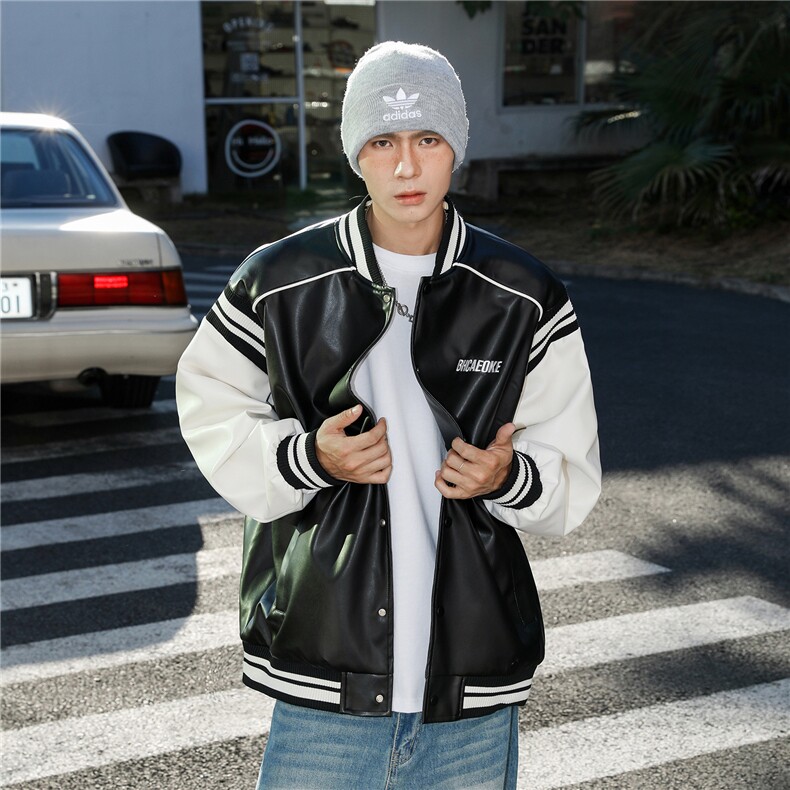高街美式复古拼接罗纹pu棒球服情侣皮衣夹克外套男女G1094P108,男装夹克,电商A339