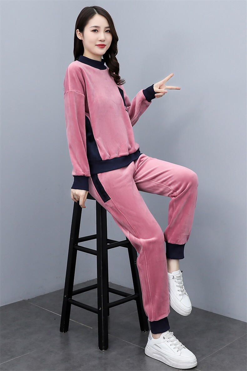 2021冬季新款加厚双面丝绒休闲套装时尚显瘦保暖两件套，女装套装/套裙，凯瑟曼