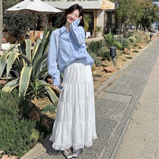 小清新蓝色衬衫半身裙套装女夏2025新款独特漂亮爆款高级感三件套，女装套装/套裙，2C088