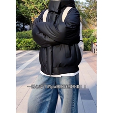 现货5W件冬季三防重磅boxy短款羽绒连帽PU皮棉衣外套防风加厚棉服，男装棉衣，电商A486
