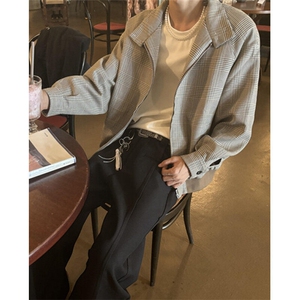 千鸟格外套男2025春秋情侣美式复古青少年宽松立领夹克 J1302图片
