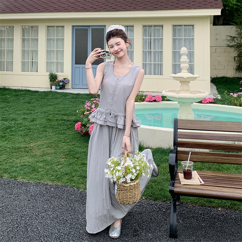 灰色无袖连衣裙女2025年夏季新款韩系慵懒风气质宽松显瘦背心长裙,女装套装/套裙,浙宝220