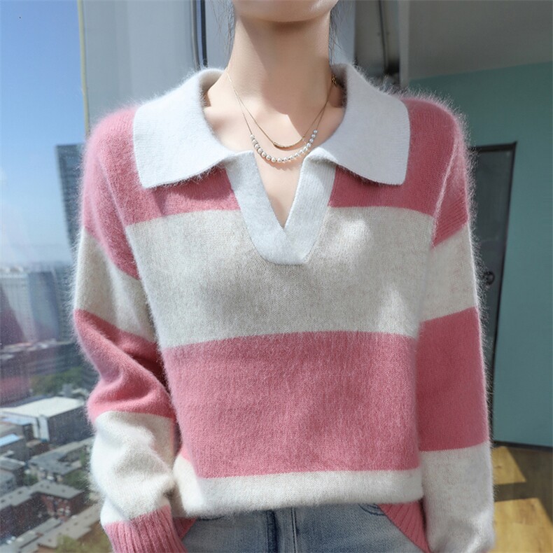 2025秋冬百搭时尚简约polo领条纹长袖针织衫，女装针织衫/毛衣，冬贝尔貂绒