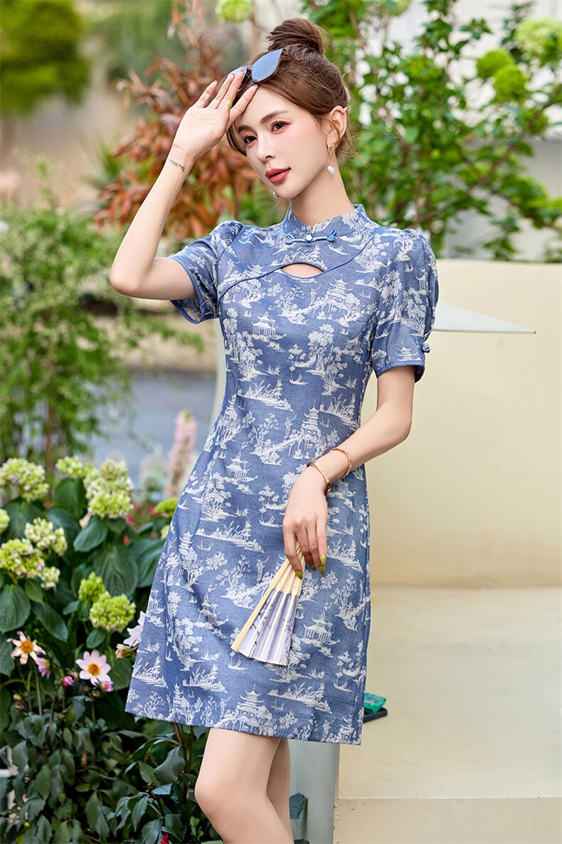 新中式风连衣裙女夏改良旗袍2025年新款高端小个子修身短款裙子,女装连衣裙,依多米