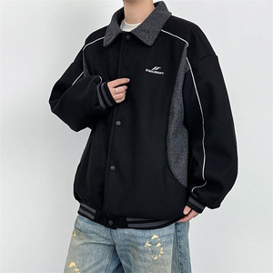 春秋季美式拼接毛呢夹克外套潮牌复古百搭时尚上衣图片