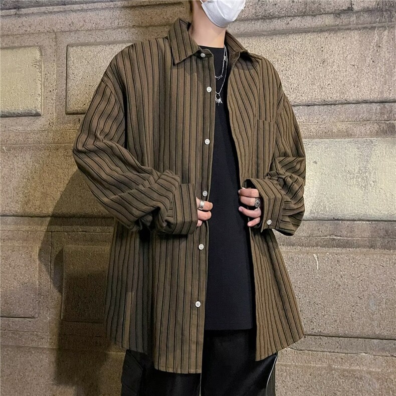 F121-P36春季新款潮牌宽松休闲衬衣日系复古条纹长袖衬衫男，男装衬衫，星座512-6