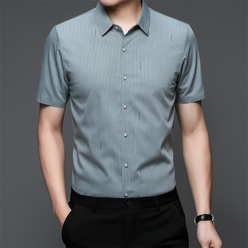 2024新款短袖衬衫男秋季条纹免烫寸衫中年薄款商务休闲上衣服P65图片