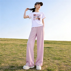 港风休闲运动套装女夏季新款爱心白色圆领短袖T恤粉色长裤两件套，女装套装/套裙，江南