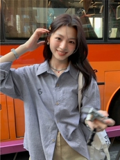 2025百搭时尚简约刺绣蓝条纹衬衫慵懒风衬衣，女装衬衫，湘姗