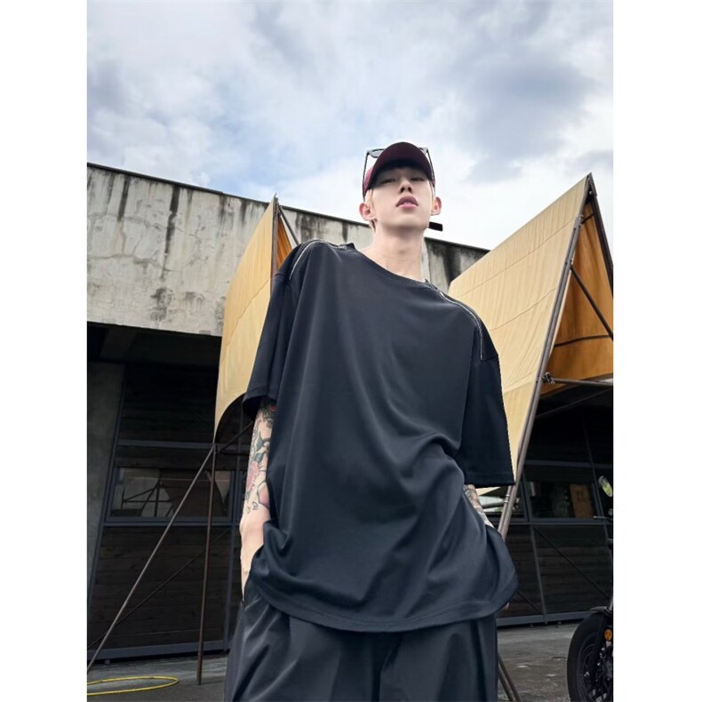 潮牌圆领T恤夏季男款拉链宽松纯色短袖青少年上衣T09,男装T恤,星座1116A-1（原606A）