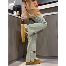 现货黄泥美式vibe裤高街黑色破洞微喇直筒毛边牛仔裤男K890-P55，男装牛仔裤，星座205