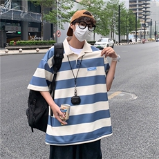 夏季翻领条纹POLO衫男潮牌ins百搭情侣t恤韩版半袖上衣T1031-P28，男装T恤，星座512-2