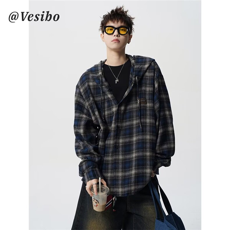 网络图现货美式复古撞色格纹连帽新款宽松慵懒百搭衬衣JC555-P40，男装衬衫，星座715-7