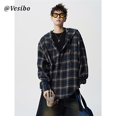 网络图现货美式复古撞色格纹连帽新款宽松慵懒百搭衬衣JC555-P40，男装衬衫，星座715-7