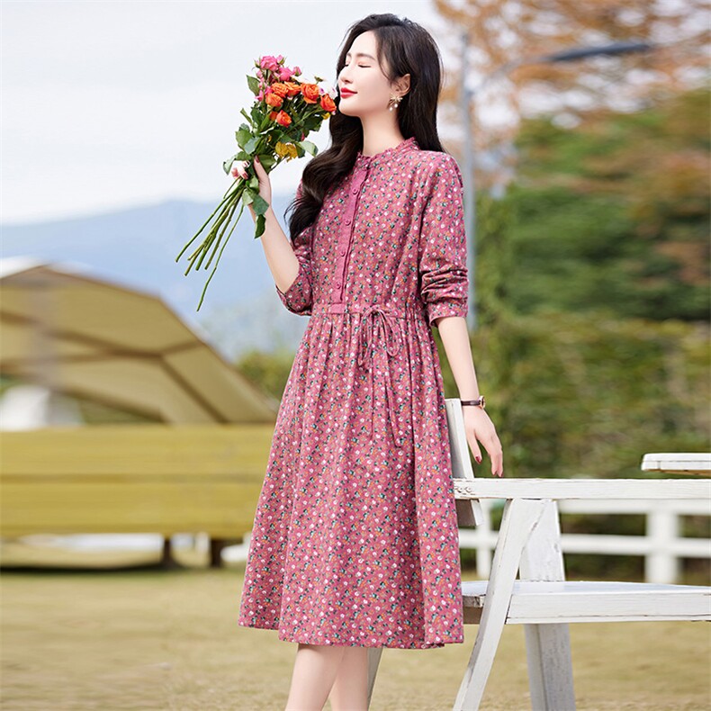 高端纯棉碎花连衣裙女长袖2026春季新款淑女气质收腰显瘦印花长裙,女装连衣裙,倪叶myz