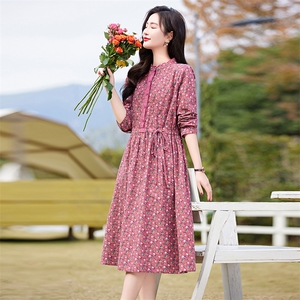 高端纯棉碎花连衣裙女长袖2026春季新款淑女气质收腰显瘦印花长裙图片
