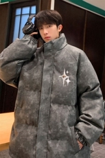 港风PU皮复古做旧可拆卸四芒星胸针设计棉衣男MY77721P128控168，男装棉衣，星座227-7
