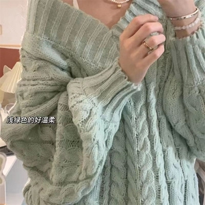 软糯慵懒风V领宽松中长款麻花针织衫毛衣外套女外穿上衣潮图片