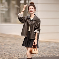 海宁皮衣女款2025新款春秋小个子翻领高级感卷袖PU机车皮夹克外套，女装皮衣，江南女神