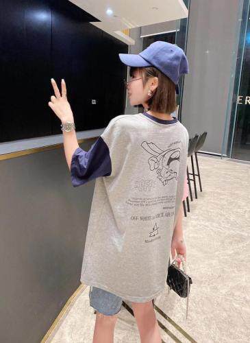 2021夏季拼色设计活性印染高飞图案全棉T恤，女装T恤，程稀