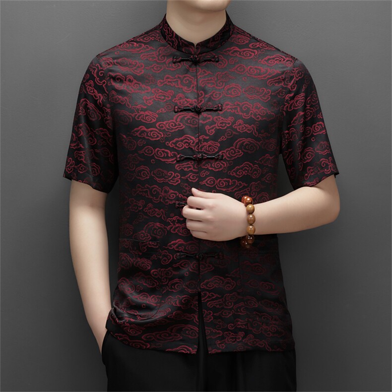中山装男士短袖衬衫夏季中老年唐装衬衣爸爸装结婚礼服套装P108,男装衬衫,钱塘6003B
