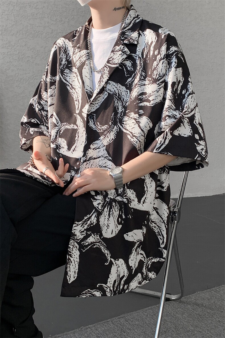 8XL-M冰丝凉感衬衣垂感透气复古花纹宽松男五分袖短袖衬衫CS526,男装T恤,电商D206-1