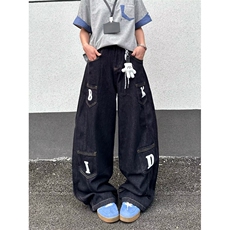 26@美式复古阔腿弯刀宽松刺绣廓形多口袋牛仔长裤K71236-P55网图，男装休闲裤，电商B245