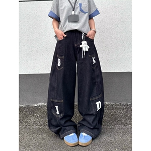 26@美式复古阔腿弯刀宽松刺绣廓形多口袋牛仔长裤K71236-P55网图图片