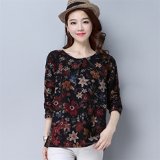 T恤印花拼接长袖宽松时尚百搭2021年春季，女装T恤，秋牧寒烟