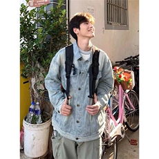 蓝色纽扣牛仔夹克春秋季男生2025新款翻领宽松休闲上衣外套口袋，男装夹克，星座1210-1