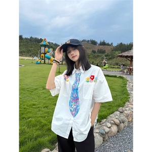 CS363#学院风花朵领带短袖衬衫黑色白色原版高质量图片