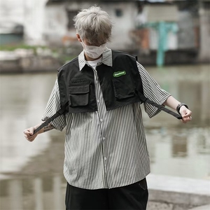 条纹假两件短袖衬衫男女潮牌夏季痞帅设计感工装衬衣外套MC39-p42图片