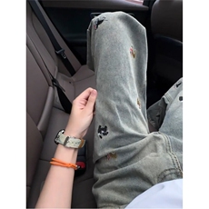 潮牌美式刺绣做旧水洗牛仔裤男复古宽松阔腿百搭拖地长裤，男装牛仔裤，星座302A-2