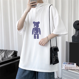 LD54242-P45 连帽短袖t恤男大码胖子带帽五分袖中袖图片