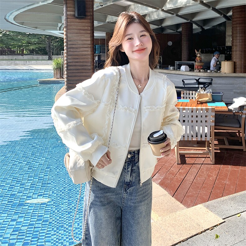 米白色设计感木耳边拼接棒球服女2025早春新款小个子休闲减龄外套,女装短外套,2C166