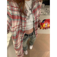 美式复古格子衬衫女款春秋2025新款设计感小众小个子防晒外套上衣，男装防晒衣，星座506A